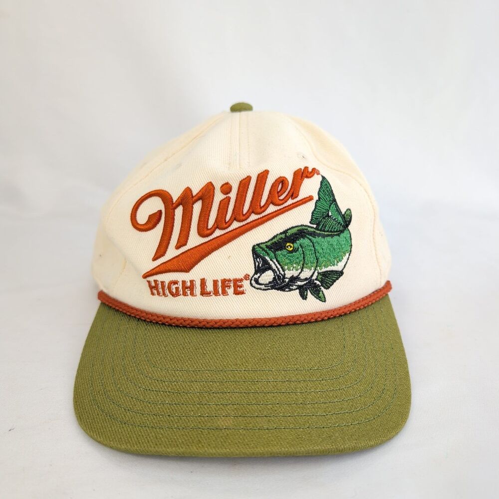 Miller High Life Bass Fishing Hat Rope Snapback Trucker Cap Embroidered Cream Gr